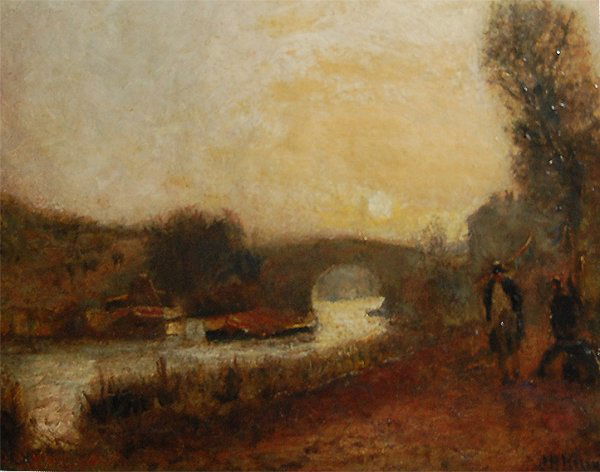 River Scene With Figures; Oil on canvas by John B: River Scene With Figures; Oil on canvas by John Baverstock Knight; Size: 12.5"x18"; British artist (1785-1859)