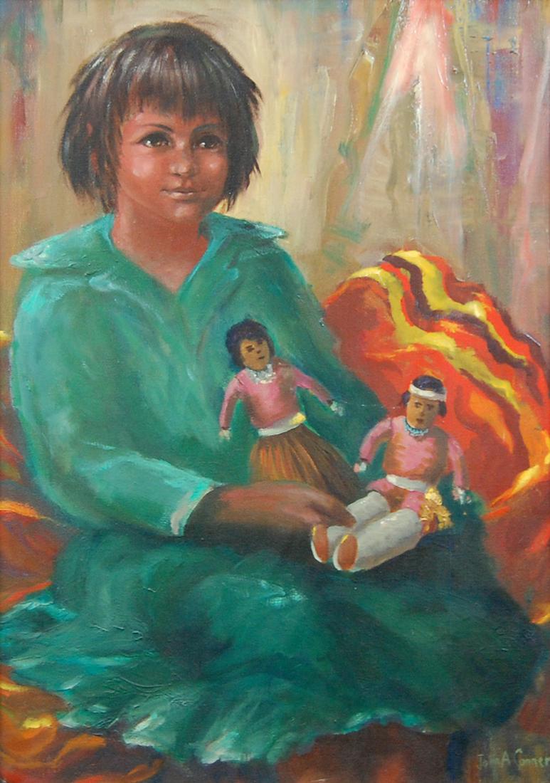 John A. Conner (American 1892 - 1971), Girl with Dolls: oil on canvas, 24 x 18 in; John A. Conner was an American artist born in Franklin Grove, Illinois in 1892. He was a descendant of Susan B. Anthony and Gilbert Stuart. He later moved to Los Angeles and