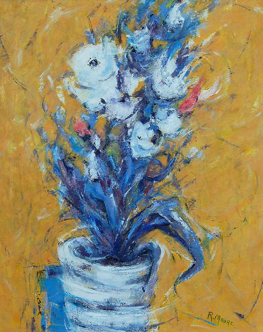 Robert Moore (American 1957) - Flowers: oil on canvas, 30 x 24 in; framed: 38 x 32 in; signed, good condition. Robert Moore was born May 15, 1957 in Burley, Idaho. He attended The Art Center College of Design in Pasadena, California for fou