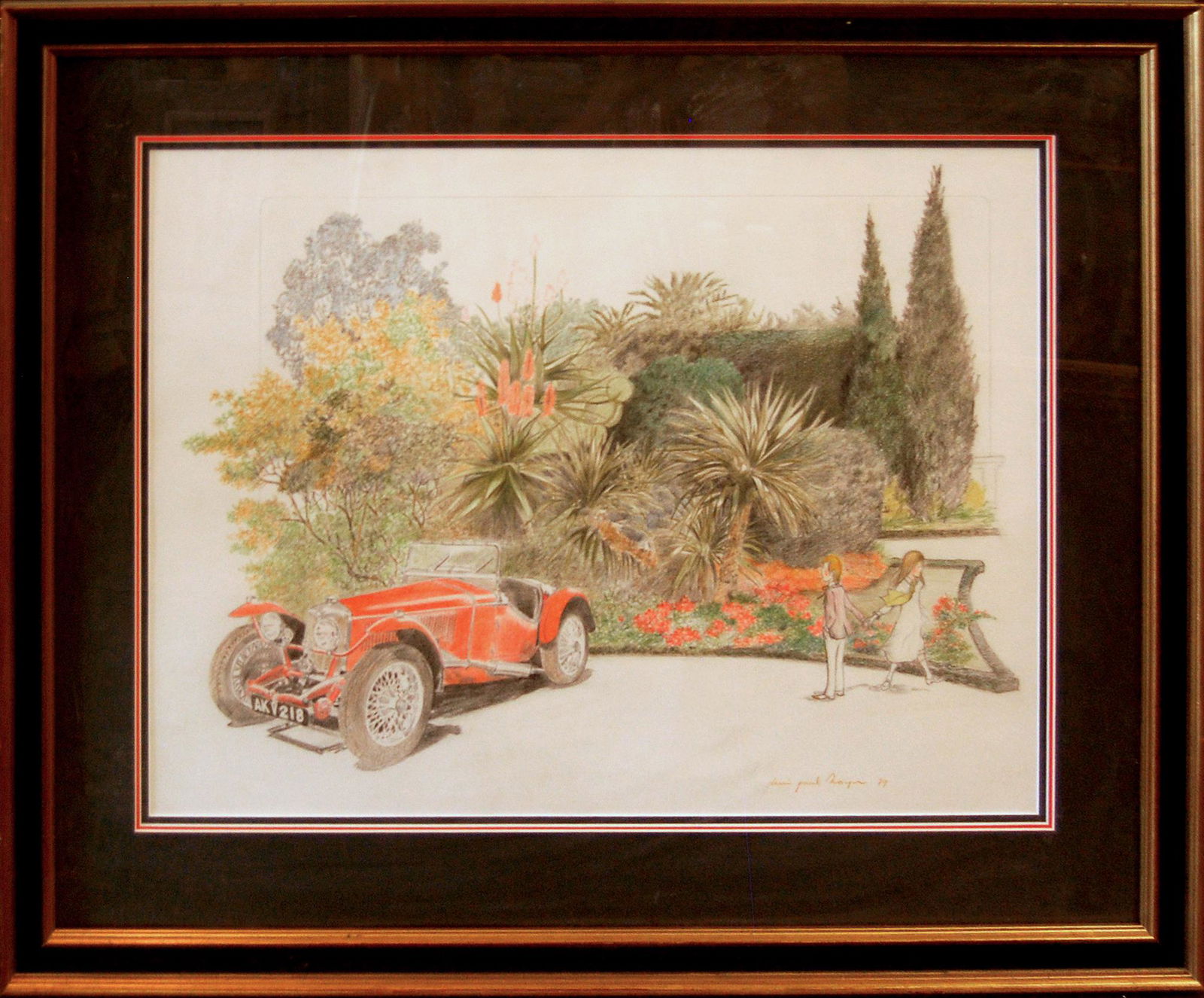 Denis Paul Noyer (French 1940) - The Red Car: mixed media on paper, 19 x 25 in; framed: 27 x 32.5 in; 1979, very good. Gifted French artist, Dennis Paul Noyer, has thrilled the art world with his unique, illustrative style of painting. Born in 19