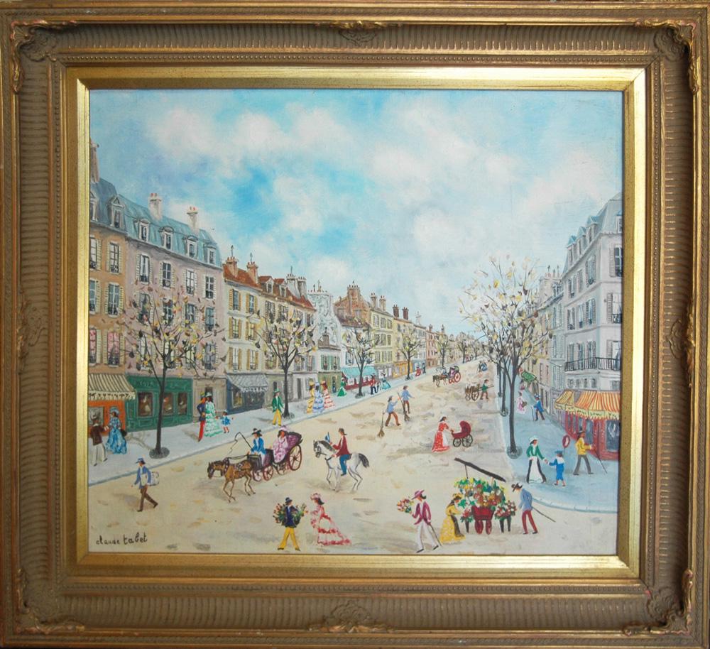 Claude Tabet (French 1924 - 1979) - Grand Rue: oil on linen, 18 x 22 in; framed: 24 x 27.5 in, good condition. Claude Tabet (1924-1979), a native of Paris, worked mainly as a painter and illustrator. But between the end of World War II and 1959, h