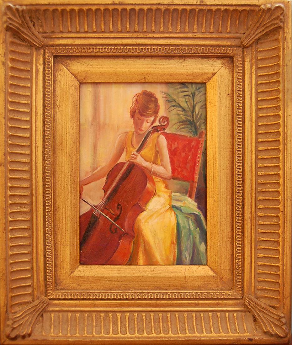 Baudaux Monique (Belgian 1931-2009) - The cellist: Baudaux Monique (Belgian 1931-2009) - The cellist. oil on board, 7 x 5 in framed: 12 x 9 3/4 in, good condition. Monique Baudaux was born in Belgium and was attracted to painting at an early age. She 
