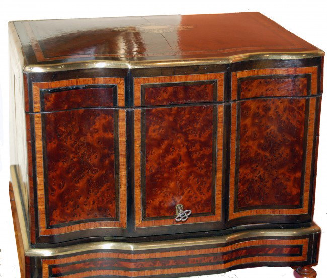 Inlaid Mini Bar: Inlaid Mini Bar; Dimensions: 13,3"W x 10"D x 8"H missing glasses and two bottles otherwise fair to good condition