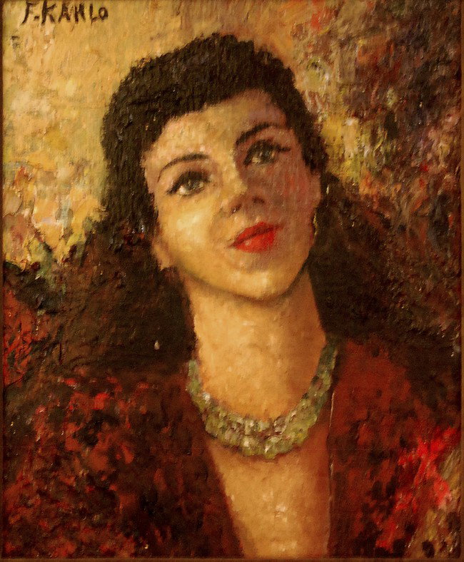 signed F Kahlo, Portrait, oil on board, back reads: signed F Kahlo, Portrait, oil on board, back reads "Al reverso de la obra Frida Khalo Por Ruth Rivera 1940 F", 11 3/4" x 10" framed 16 3/4" x 14 3/4" good condition