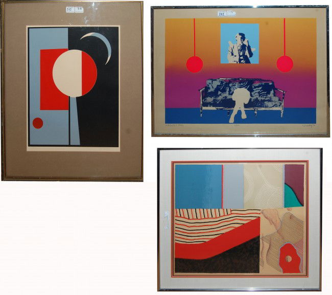 lot of three prints: right: S.J Greenberg, "Jack S: lot of three prints: right: S.J Greenberg, "Jack Smith's Study" lithograph, edition 15/100, 1972, size framed: 23"x 31" very good condition left: Boroocks? (signature hard to read), untitled, lithogra
