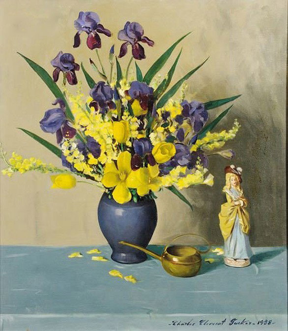 Tucker Charles Clement (American 1913) ''Still lif: Tucker Charles Clement (American 1913) ''Still life with Irises'', oil on canvas, 34 x 30.25"" Artist Biography: Charles Clement Tucker born in 1913 at South Carolina. Later on he moved to Charlotte, 