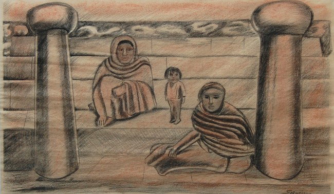 Siqueiros David Alfaro (Mexican 1896-1974) "Two Wome: Siqueiros David Alfaro (Mexican 1896-1974) "Two Women and Child (Study for mural)", charcoal on paper, signed, 12" x 19" framed: 20" x 27", perfect condition
