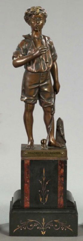 Adolphe Jean Lavergne (19th c) "The Lizard Charmer": Adolphe Jean Lavergne; French, 1827-1892; The Lizard Charmer; patinated bronze figure of a country boy playing a pipe on which crawls a lizard, fourth quarter 19th century, presented on a period incis