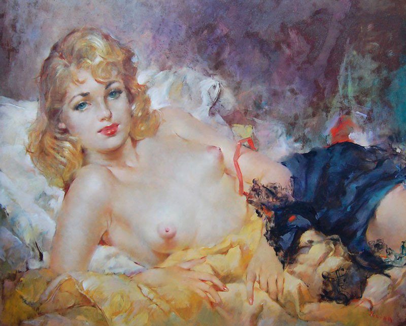 Ritter Julian (German born American 1909-2000) "Rec: Ritter Julian (German born American 1909-2000) "Reclining Girl", oil canvas, 22" x 28". Artist Biography: Birth place: Hamburg, Germany Addresses: Chicago, IL; Los Angeles, CA; Maui, HI Profession: Pa