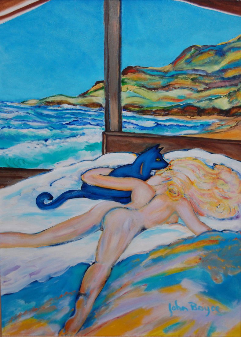 John Boyce (American 20th century): Female nude sleeping with cat by ocean. 36"x 24" Oil on canvas. Boyce’s artwork has been exhibited publicly and privately in Paris, Amsterdam, Munich, Berlin, London, Dublin, Montreal, New York, San