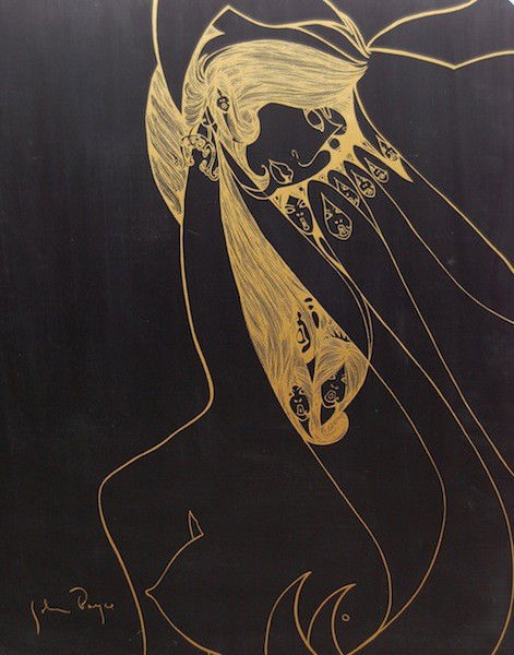 John Boyce (American 20th century): Gold ink silk-screened on metal, 32" x 26.25" Boyce’s artwork has been exhibited publicly and privately in Paris, Amsterdam, Munich, Berlin, London, Dublin, Montreal, New York, San Francisco, Los An