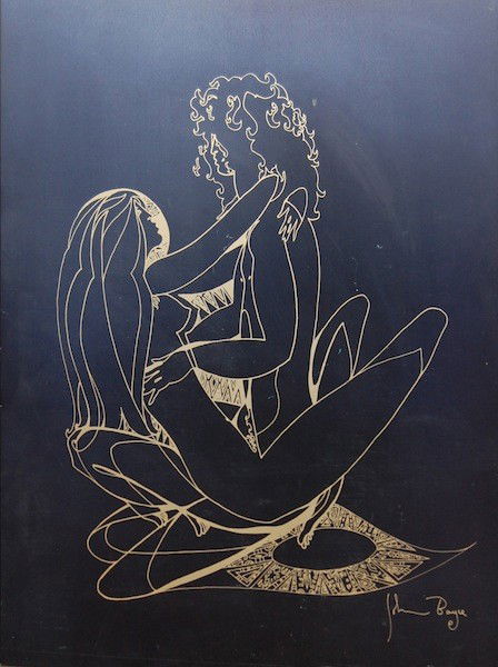 John Boyce (American 20th century): Gold ink silk-screened on metal. Framed 31.5" x 25" Boyce’s artwork has been exhibited publicly and privately in Paris, Amsterdam, Munich, Berlin, London, Dublin, Montreal, New York, San Francisco,