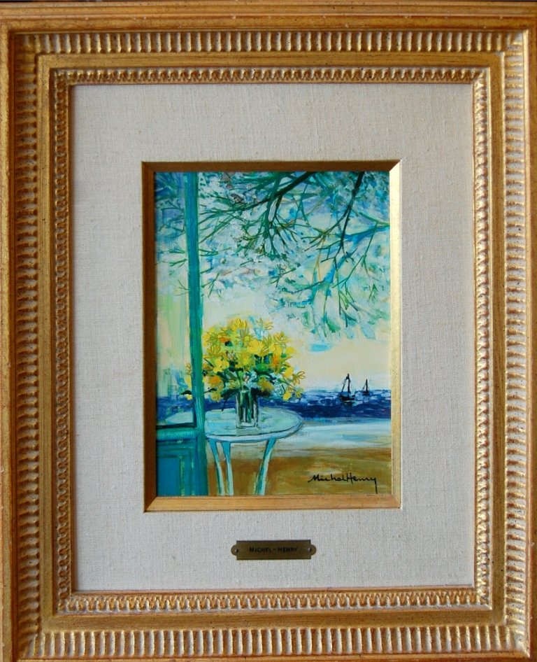 Henry Michel (French 1928-) “Yellow Flowers and Oce: Henry Michel (French 1928-) “Yellow Flowers and Ocean View” oil on canvas Artist biography: Michel-Henry is acknowledged as an important painter in French contemporary art. From 1952 his work has 