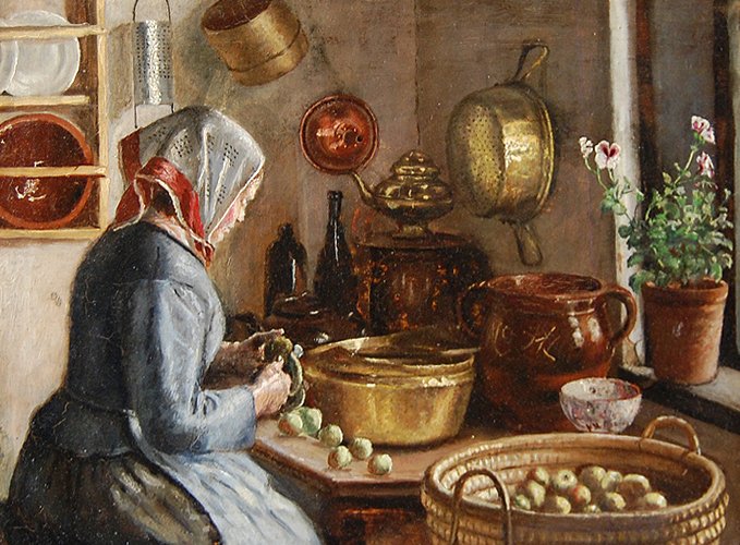 attributed Fuller Abbott Graves “Lady peeling apples”: oil on linen, 12.5 x 16” framed: 17.5 x 21” Condition:good Birth place: Weymouth, MA Addresses: Boston/Kennebunkport, MA Profession: Painter, decorator Studied: Cormon, Laurens, and Gervais, all i