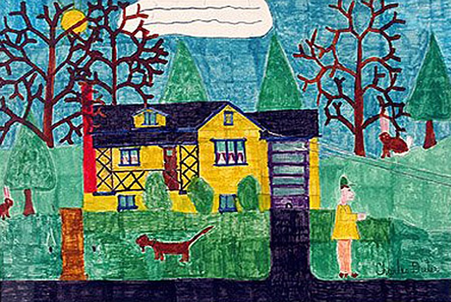 Dieter Charles (American 1922-1986) “Man And Dog...: Dieter Charles (American 1922-1986) “Man And Dog Outside House” mixed media on paper, 17.5”x11.5” Charles Dieter (1922-1986) was American artist from Pennsylvania. He is often known for naïve