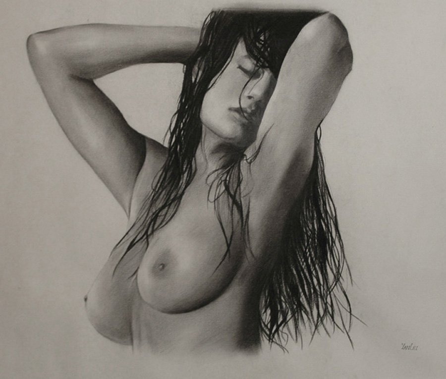 YanLei (Chinese 2oth c) "Nude": YanLei (Chinese 2oth c) "Nude" charcoal on paper, 14” x 17” framed: 21" x 23" signed