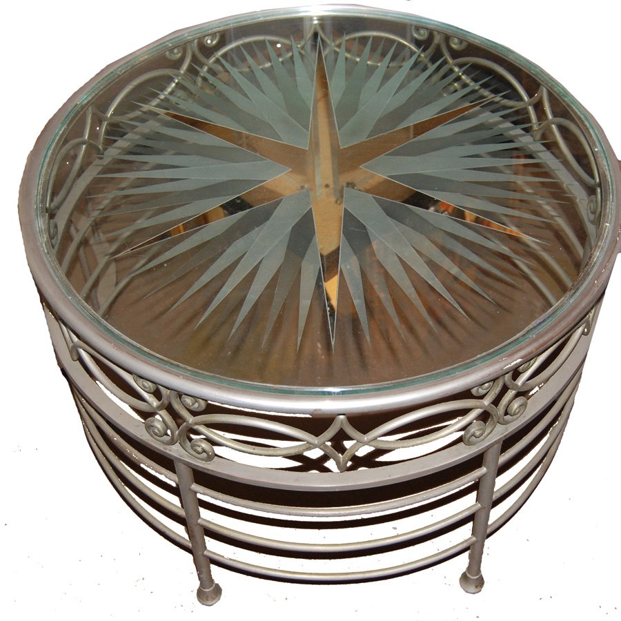 Art Deco Sandblasted Round table with Mirror Star: Art Deco Sandblasted Round table with Mirror Star , 25.3/4”h x 17.5”w
