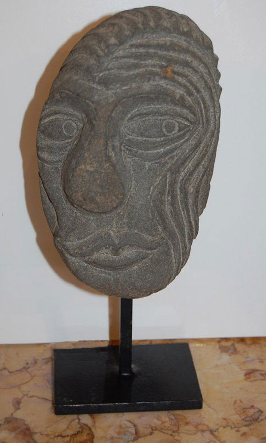 Marshall David (1936-) “Stone Head #2”: Marshall David (1936-) “Stone Head #2” carved stone with metal base Size:, 8.25"x 4" American naïve sculptor (b.1936)