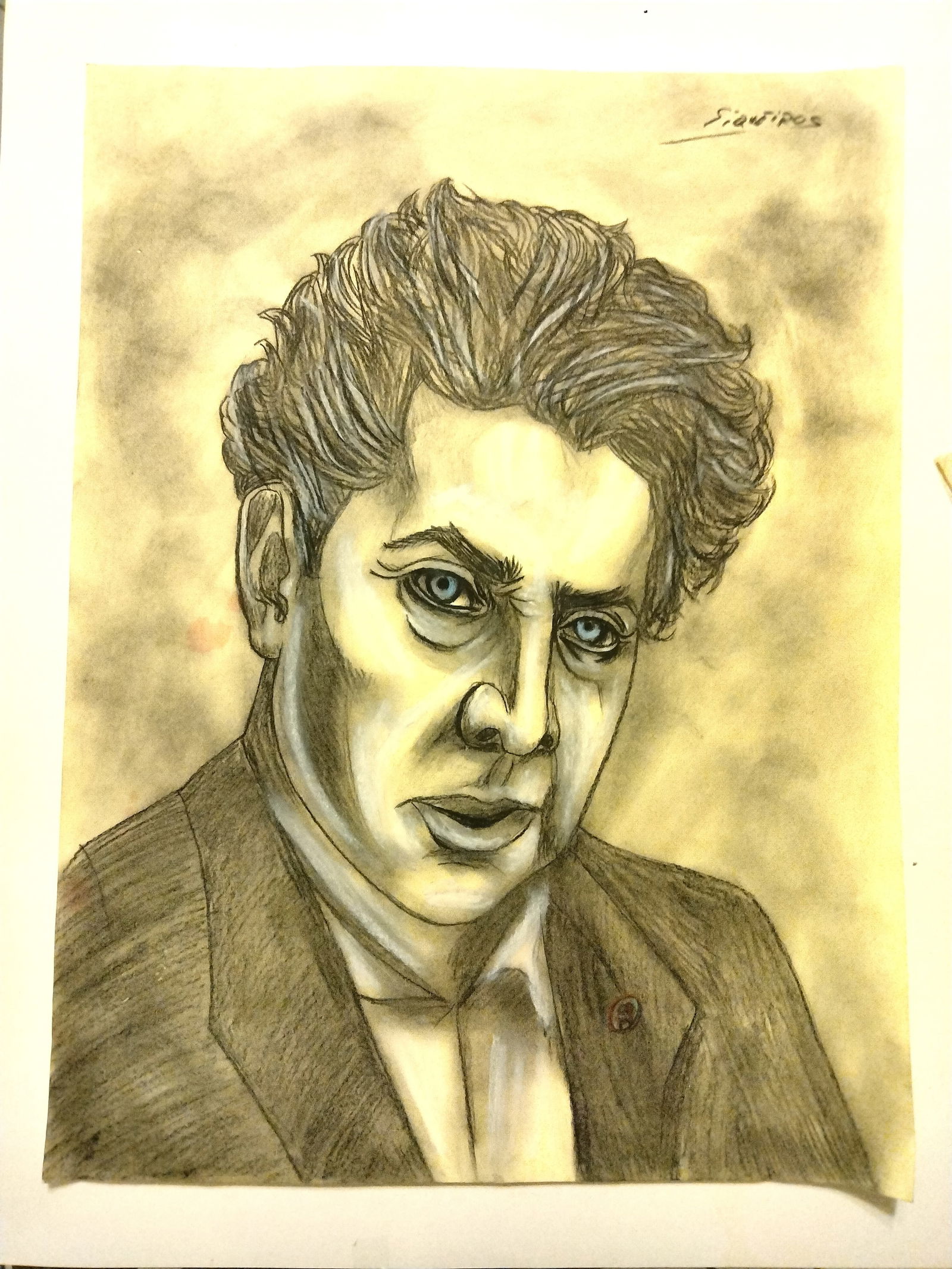 David Alfaro Siqueiros (Mexican 1896-1974), color pencil over woven paper. "Self Portrait": No Reserve Auction. Painted in approximately 1965 according to the consignor. Unframed, David Alfaro Siqueiros "Self Portrait" . Charcoal and color pencil over Woven paper. From the Javier Madero Coll