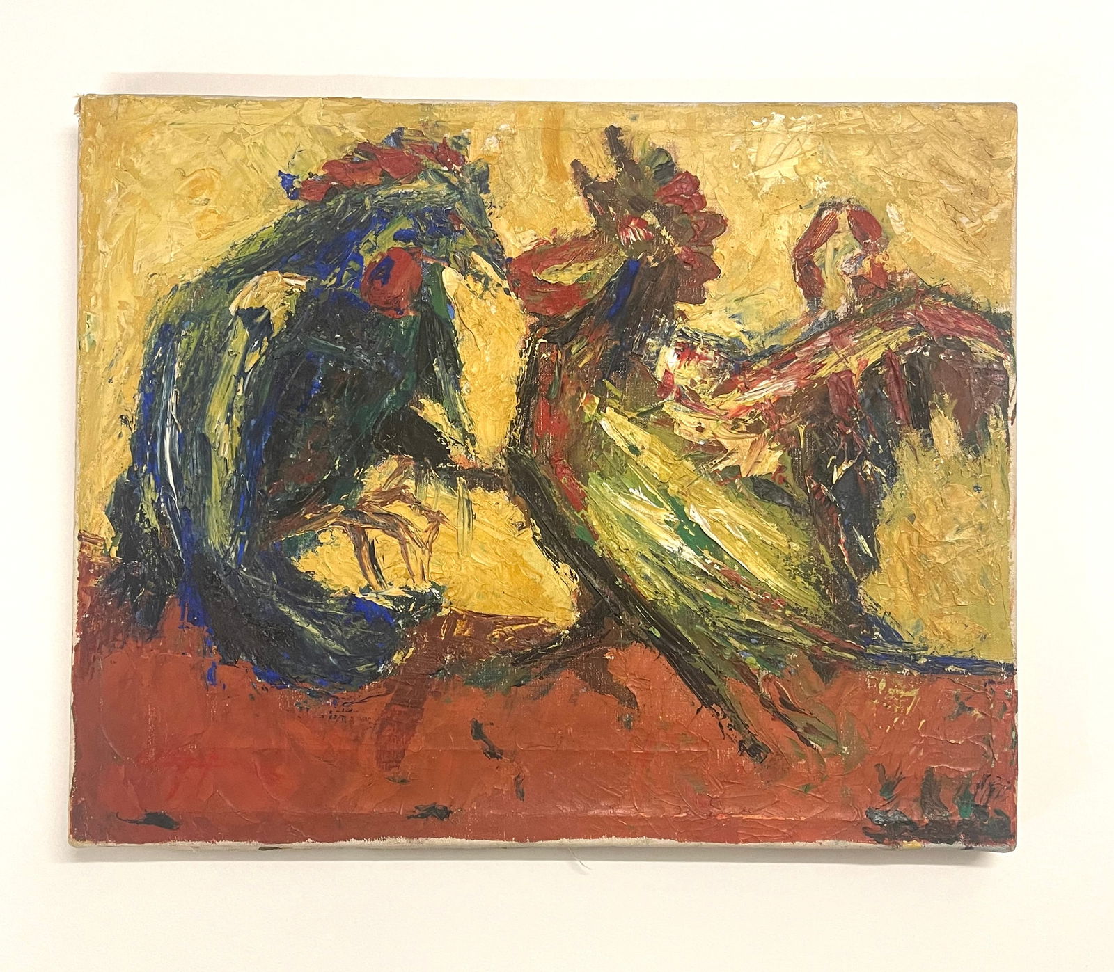 Jesus "Chucho" Reyes (1880-1977), ORIGINAL oil on canvas, 2 signatures! " Roosters" (1 of 5)