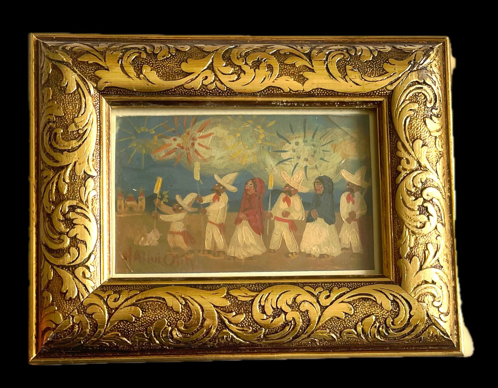 Nahui Ollin, ORIGINAL Oil on Post Card  "PROCESION" (1 of 3)