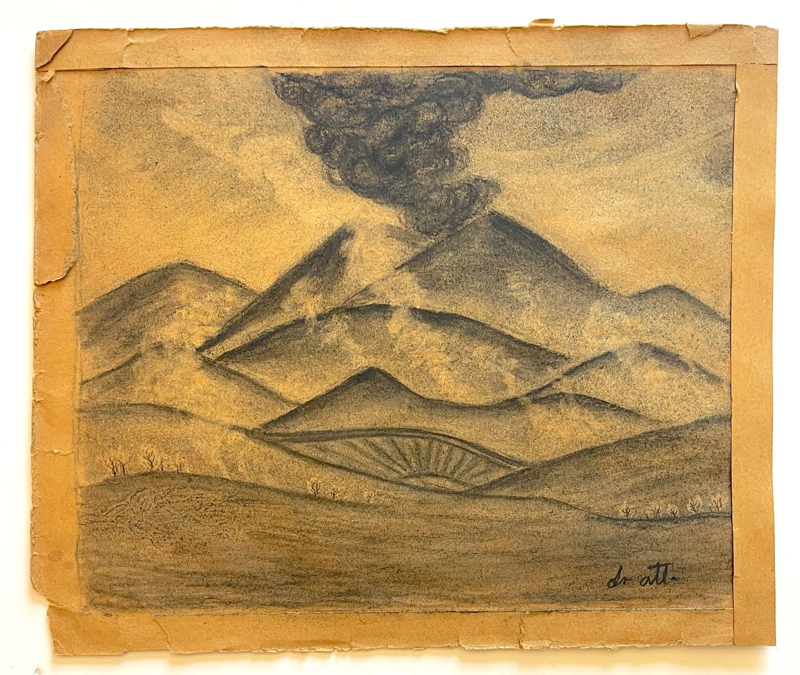 Dr ATL (Mexican 1975-1964) ORIGINAL, Charcoal on Paper, "Erupcion del Popocatepetl" (1 of 4)