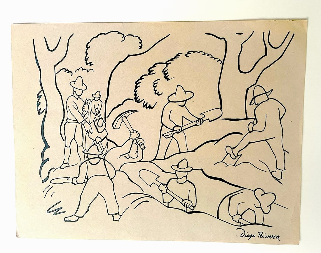 Diego Rivera, (Attributed to),  Ink on Paper "Workers" (1 of 3)