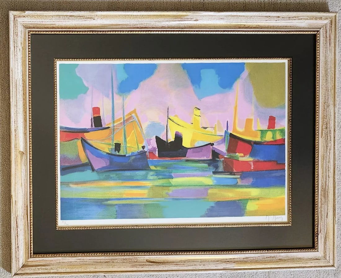 Marcel Mouly pencil signed framed lithograph "Bateaux Rouges": NO RESERVE Item Details Artist: Marcel Mouley Title: Bateaux Rouges Year: 1984 Dimensions: Frame 40 x 32 inches Mat opening 28 ½ x 20 inches Edition: 193 of 300 Framed: Yes Medium: Lithograph o