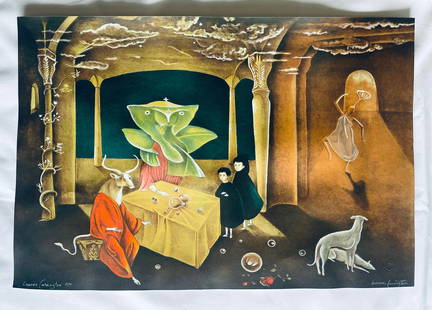 Leonora Carrington (British-Mexican, 1917-2011) Etching, "Daughter of the Minotaur": NO RESERVE Item Details Artist: Leonora Carrington Title: Fantastic Scene Year: 1953 Dimensions: (framed) 28 x 20 inches Edition: P/E (artists proof) Framed: no Medium: Lithograph on Cotton paper Cond