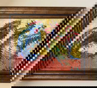 Jesus "Chucho" Reyes (1880-1977), ORIGINAL oil on canvas, 2 signatures! " Roosters": NO RESERVE Item Details Artist: Jesus Chucho Reyes Title: Roosters Year: unknown Dimensions: 13 1/2 x 11 in. Edition: ORIGINAL Framed: yes Medium: Oil on Canvas Condition: Good Details: Hand painted a