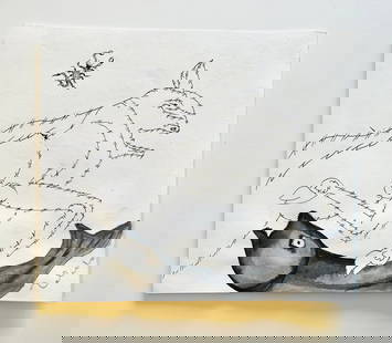Francisco Toledo (1940-2019 Mexican), signed ORIGINAL Ink on Paper "Fish and Bull": NO RESERVE Item Details Artist: Francisco Toledo Title: Fish and Bull Year: unknown Dimensions: (framed) 8 x 9.5 inches Framed: no Medium: ink on sketchbook Condition: Good Details: Hand signed by the