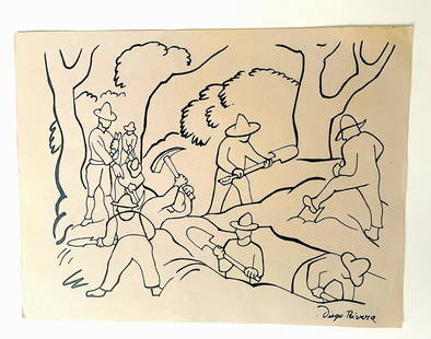 Diego Rivera, (Attributed to),  Ink on Paper "Workers": NO RESERVE Item Details Artist: Diego Rivera Title:Workers Year: unknown Dimensions: 11 x 8 1/2 inches Edition: ORIGINAL Framed: no Medium: Ink on Paper Condition: Good Details: Hand signed by the Art