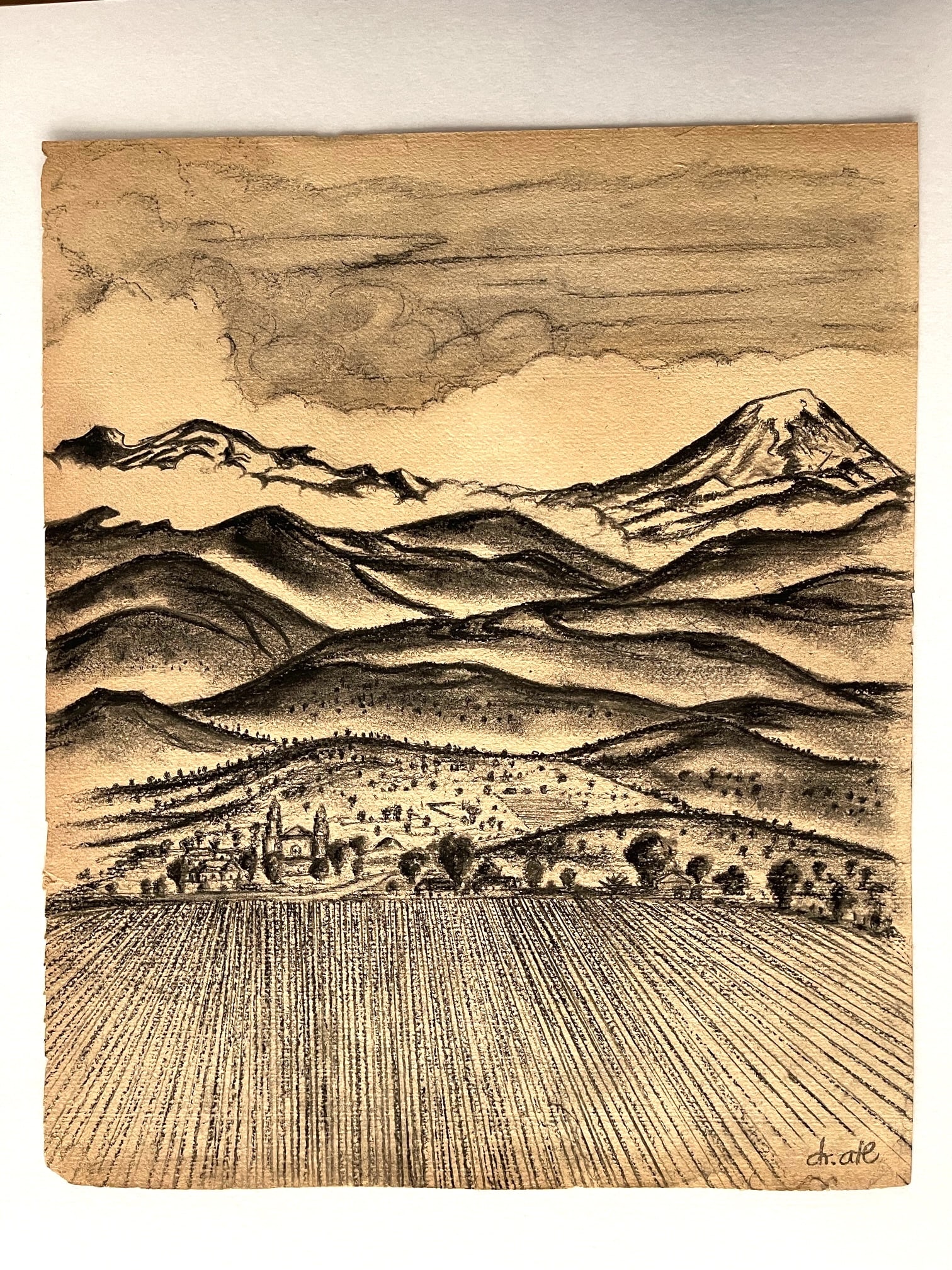 Dr ATL (Mexican 1975-1964) ORIGINAL, Charcoal on Paper, "Landscape from Iztaccihuatl & Popocatepetl": NO RESERVE Item Details Artist: Guerardo Murillo "DR ATL" Title: Landscape from Iztaccihuatl and Popocatepetl Year: unknown Dimensions: (unframed) 20 x 14 inches Framed: no Medium: Charcoal on paper C