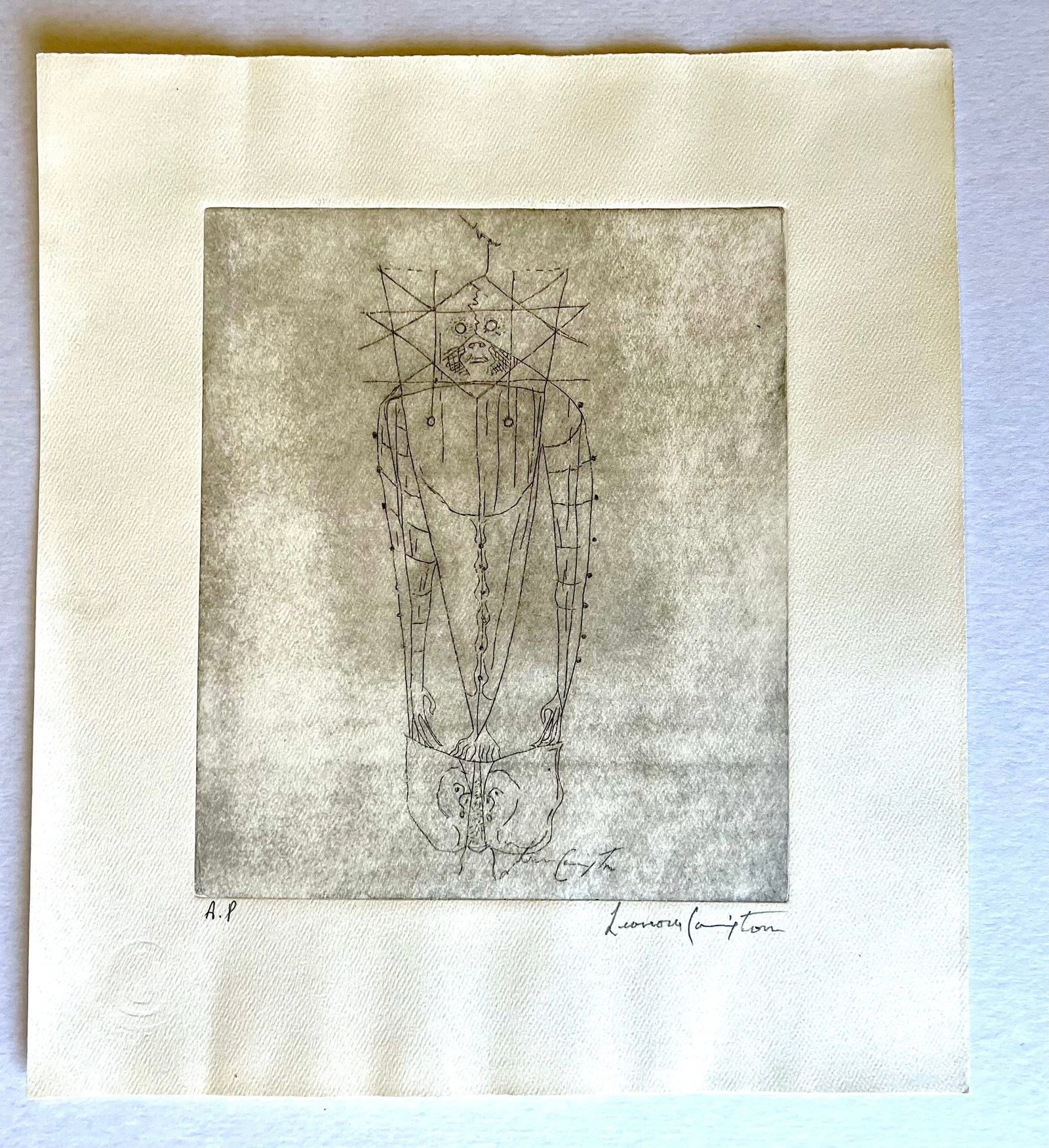 Leonora Carrington (British/Mexican 1917-2011) Hand Signed Lithograph "Geometric Character": NO RESERVE Hand Signed Litograph PA Artist: Leonora Carrington Title: "Geometric Character" Year: unknown Dimensions: 10 x 8 in. Edition: Handsigned/numbered PA Framed: no Medium: Lithograph Conditio