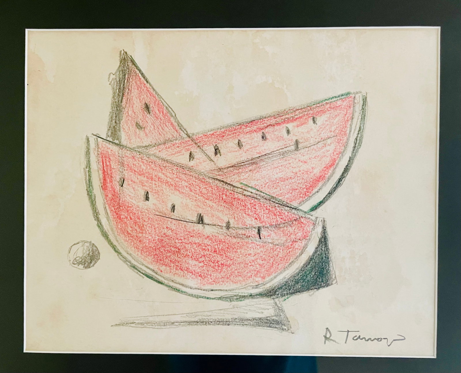Rufino Tamayo (1899-1991 Mexican) ORIGINAL WATERMELON sketch, w- handwritten letter: Item Details Artist: Rufino Tamayo Title: Watermelon Year: 1954 Dimensions: Framed 28 x 15 1/2 in. Edition: ORIGINAL Framed: yes Medium: sketch Condition: Excellent Shipping: In House, $95 within th