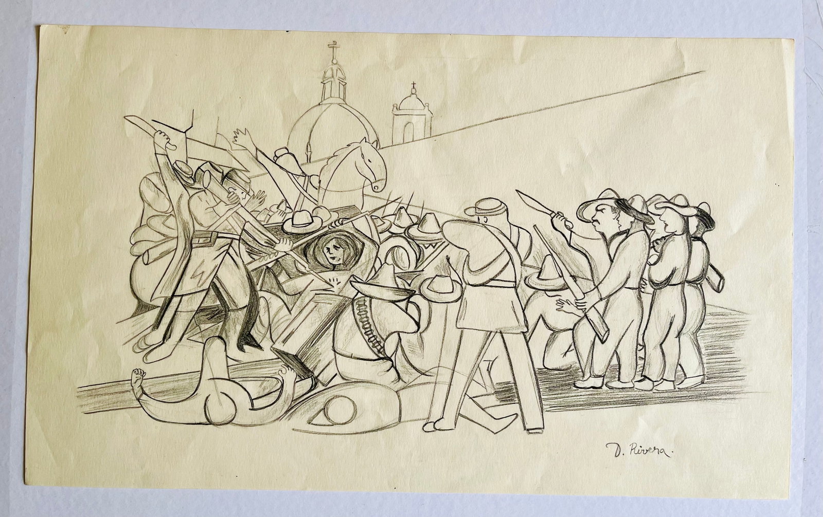 Diego Rivera (1886-1957), Pencil on Paper, "Sketch for a Mural": NO RESERVE Item Details Artist: Diego Rivera Title "Sketch for a Mural" Year: unknown Dimensions: 10 x 18 inches Edition: ORIGINAL Framed: no Medium: pencil on paper Condition: Vintage Details: Hand s
