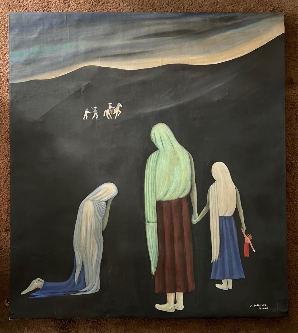 Manuel Rodriguez Lozano (1896-1971), Original Oil on Canvas, "The Goodbye" "L'Adieu': NO RESERVE Item Details Artist: Manuel Rodriguez Lozano Title: "The Goodbye", "L'Adieu" Year: unknown Dimensions: 42 x 40 inches Edition: ORIGINAL Framed: no Medium: Oil on Masonite Condition: Good De