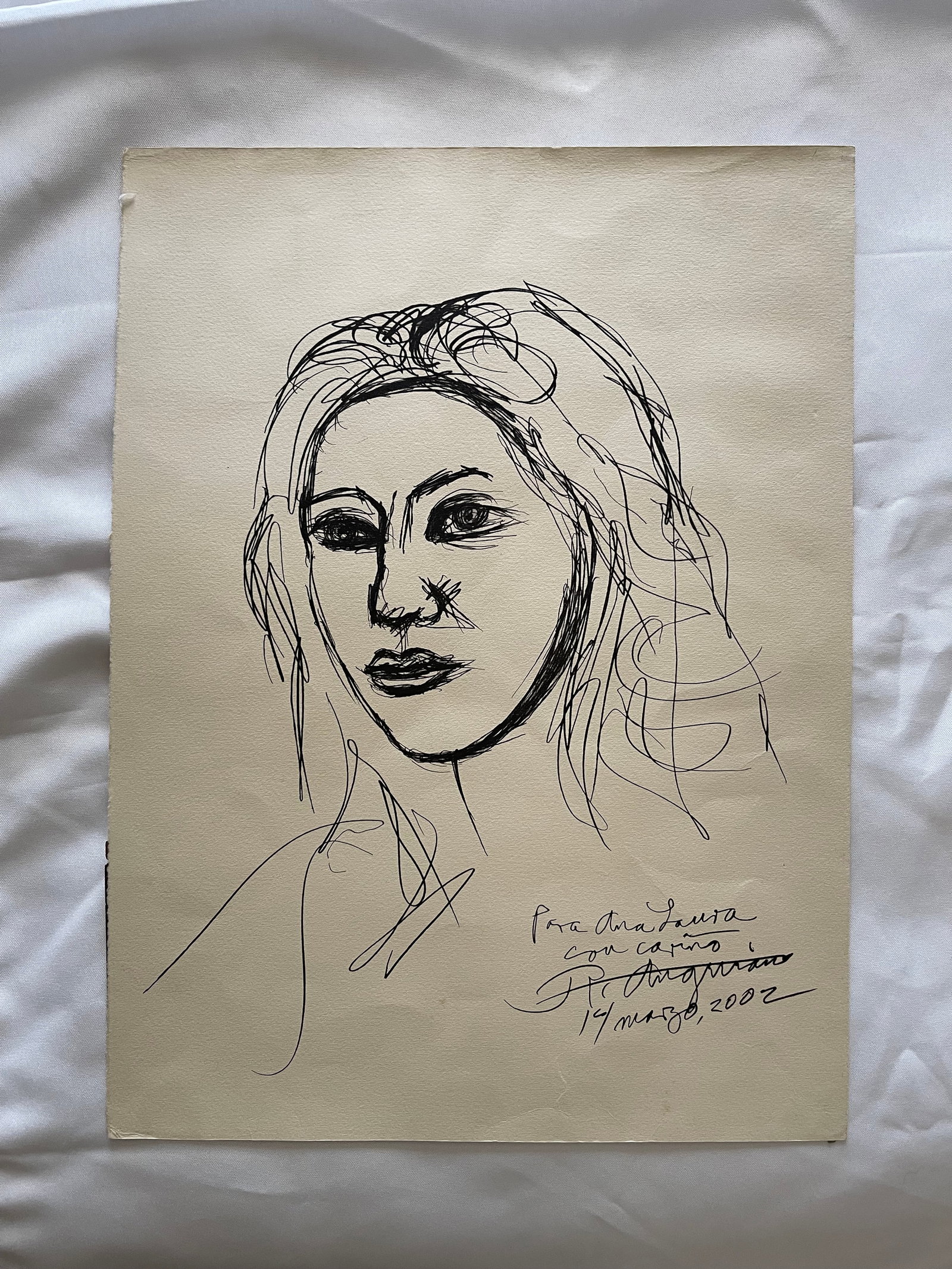 Raul Anguiano (Mexican 1915-2006) ORIGINAL drawing with a "Message to Ana Laura": NO RESERVE Item Details Artist: Raul Anguiano Title: Ana Laura Year: 2002 Dimensions: 20 1/2 x 15 1/2 in. Edition: ORIGINAL Framed: no Ink on paper Condition: Very good Shipping: This item will