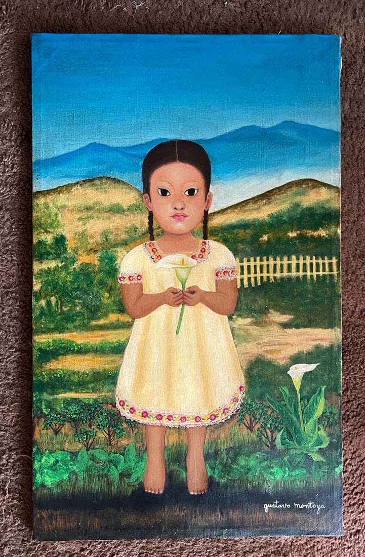 Gustavo Montoya (1905-2003) Oil on canvas "Girl collecting Calli Lillies" W COA: NO RESERVE Item Details Artist: Gustavo Montoya Title:"Nina con Alcatraz" Year: unknown Dimensions: 29 1/2 x 18 inches Edition: ORIGINAL Framed: no Condition: vintage Details: COA hand signed by the A