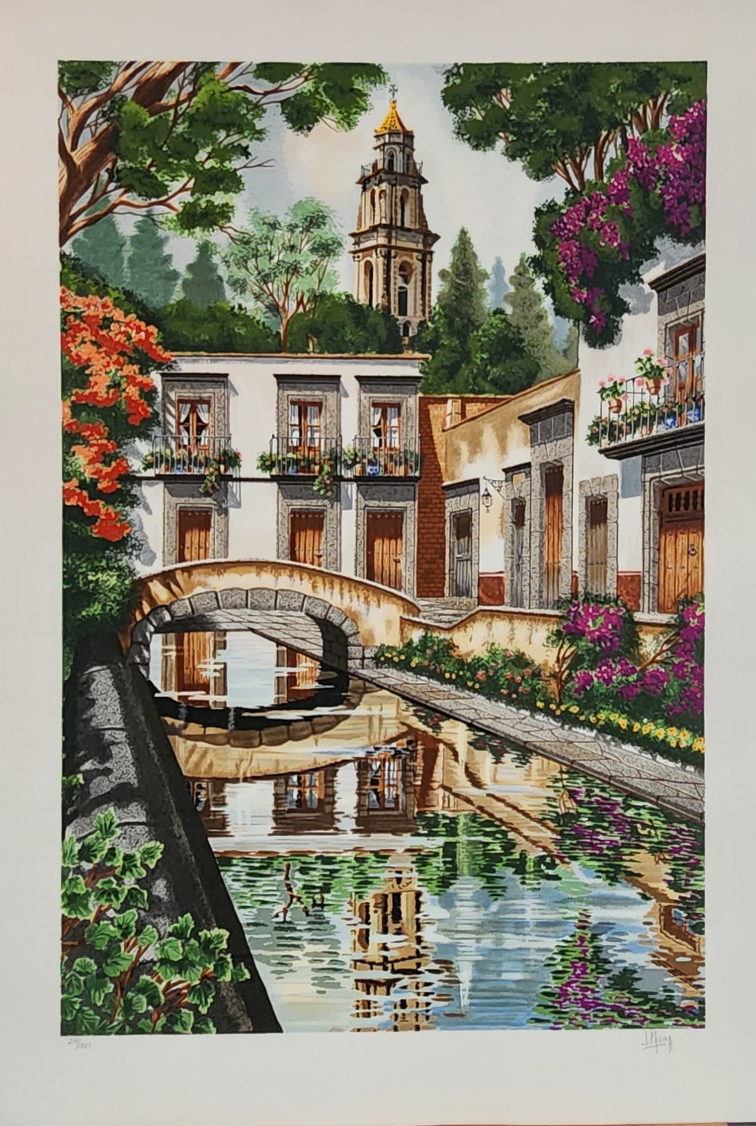 Juan Median (1948 - Dominican) Serigraph on paper: This fantastic serigraph done in 1989 on paper is by Juan Medina. Titled Reflections, the piece is hand signed and numbered by the artist from the limited edition of 300. The serigraph measures