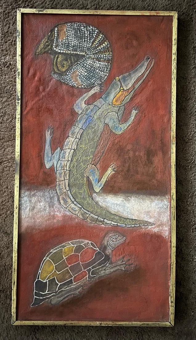 Francisco Toledo (1940-2019 Mexican), signed ORIGINAL Oil on Canvas "Tatou, Crocodile et Tortue": NO RESERVE Item Details Artist: Francisco Toledo Title:"Tatou, Crocodile et Tortue" Year: 1974 Dimensions: 39 x 19 1/2 inches Framed: yes Medium: Oil on Canvas Condition: Vintage Details: Hand signed 