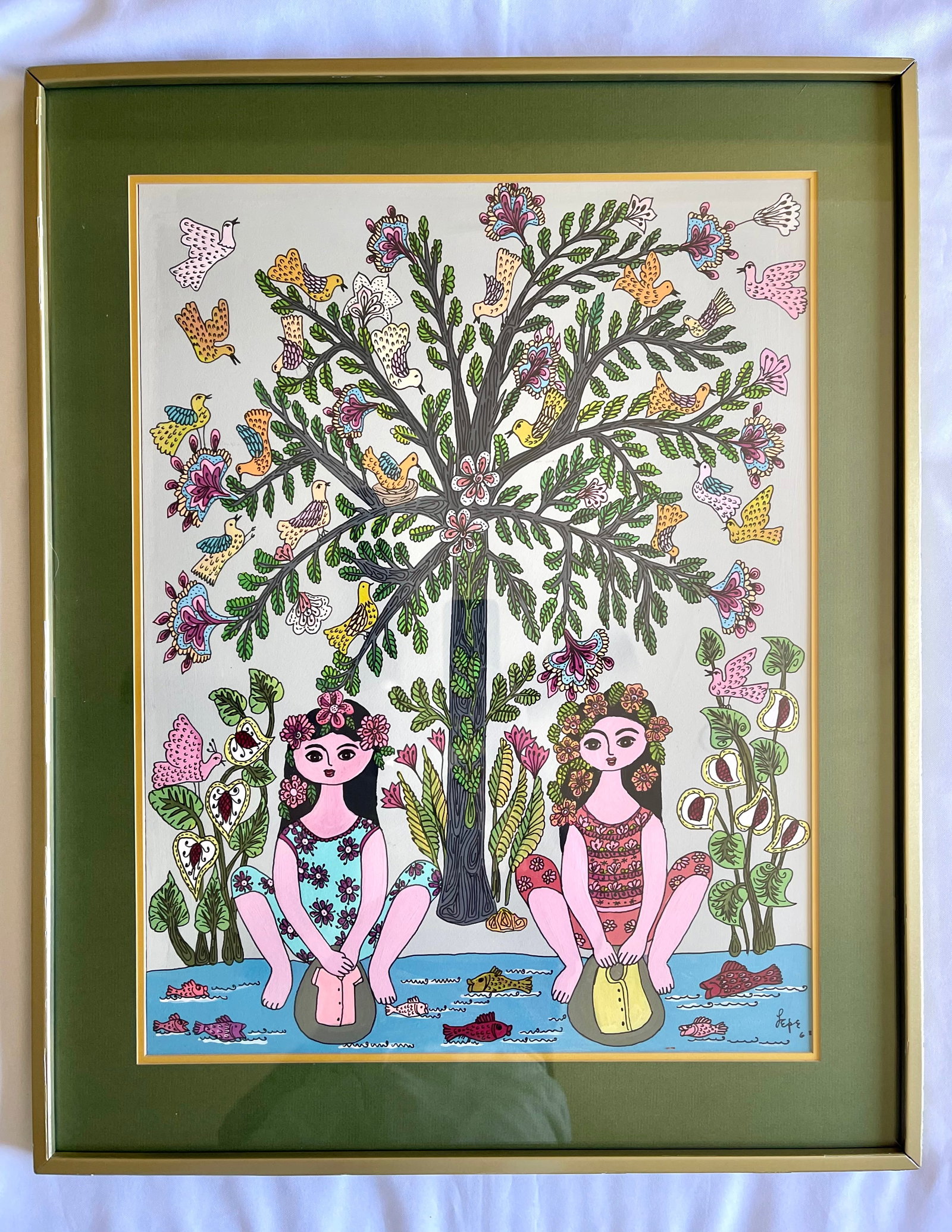 Manuel Lepe Macedo (Mexican 1936-1984) ORIGINAL Oil on board "Girls Washing Cloths": NO RESERVE Item Details Artist: Manuel Lepe Macedo Title: Girls Washing Cloths Year: 1968 Dimensions: framed 43 x 19 1/2, artwork 11 1/2 x 35 inches Edition: Original Framed: yes Medium: Oil on Board