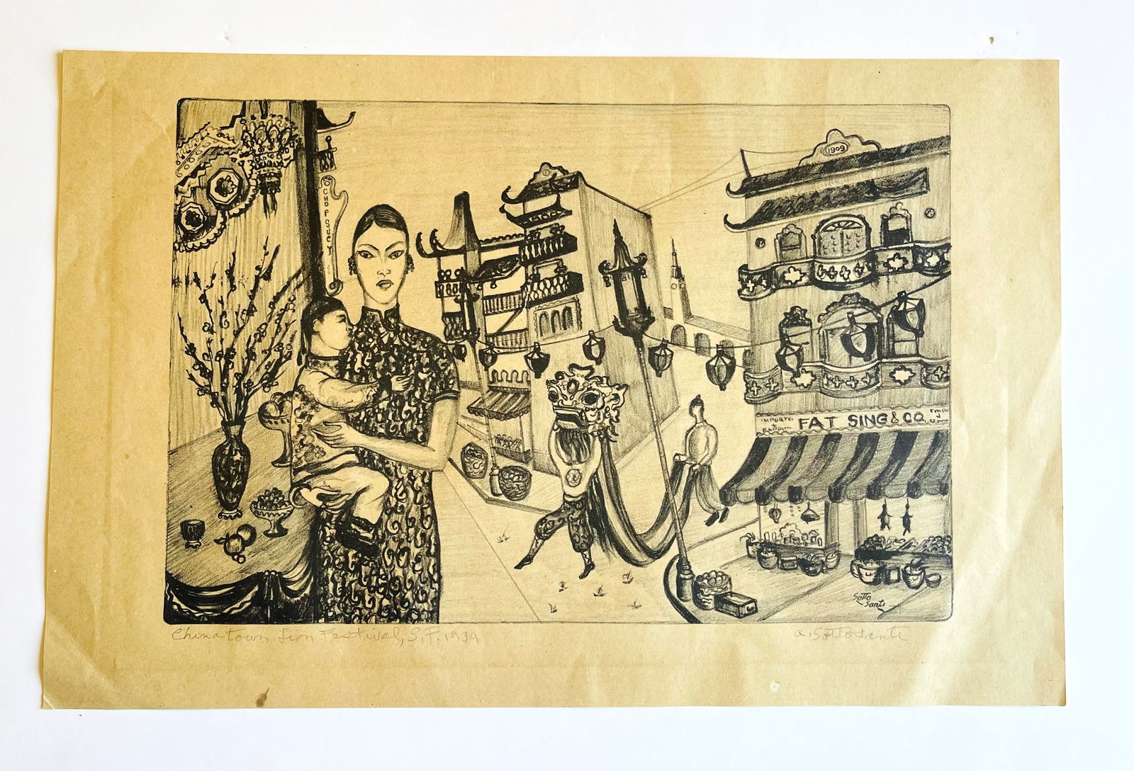 Angelo SottoSanti (American 1917-2004) 1934 signed lithograph "Chinatown" (1 of 7)