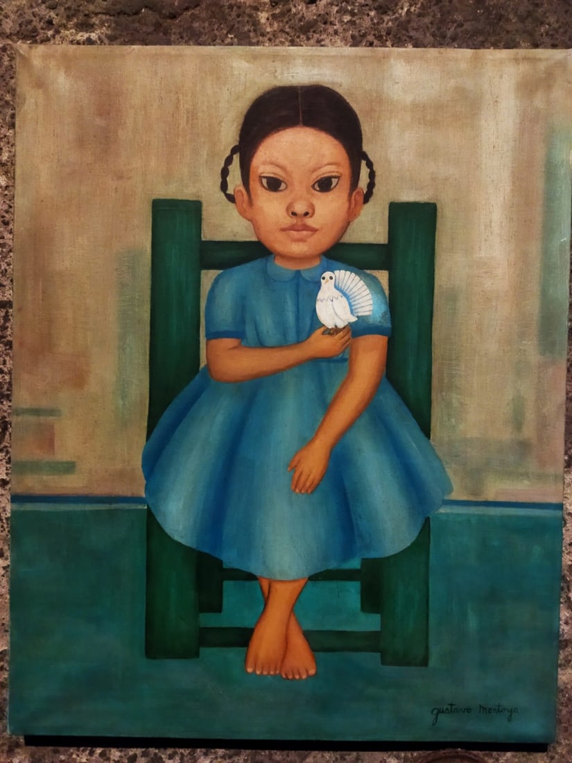 Gustavo Montoya (Mexican 1905-2003) ORIGINAL, Oil on canvas "Girl with Dove" (1 of 3)