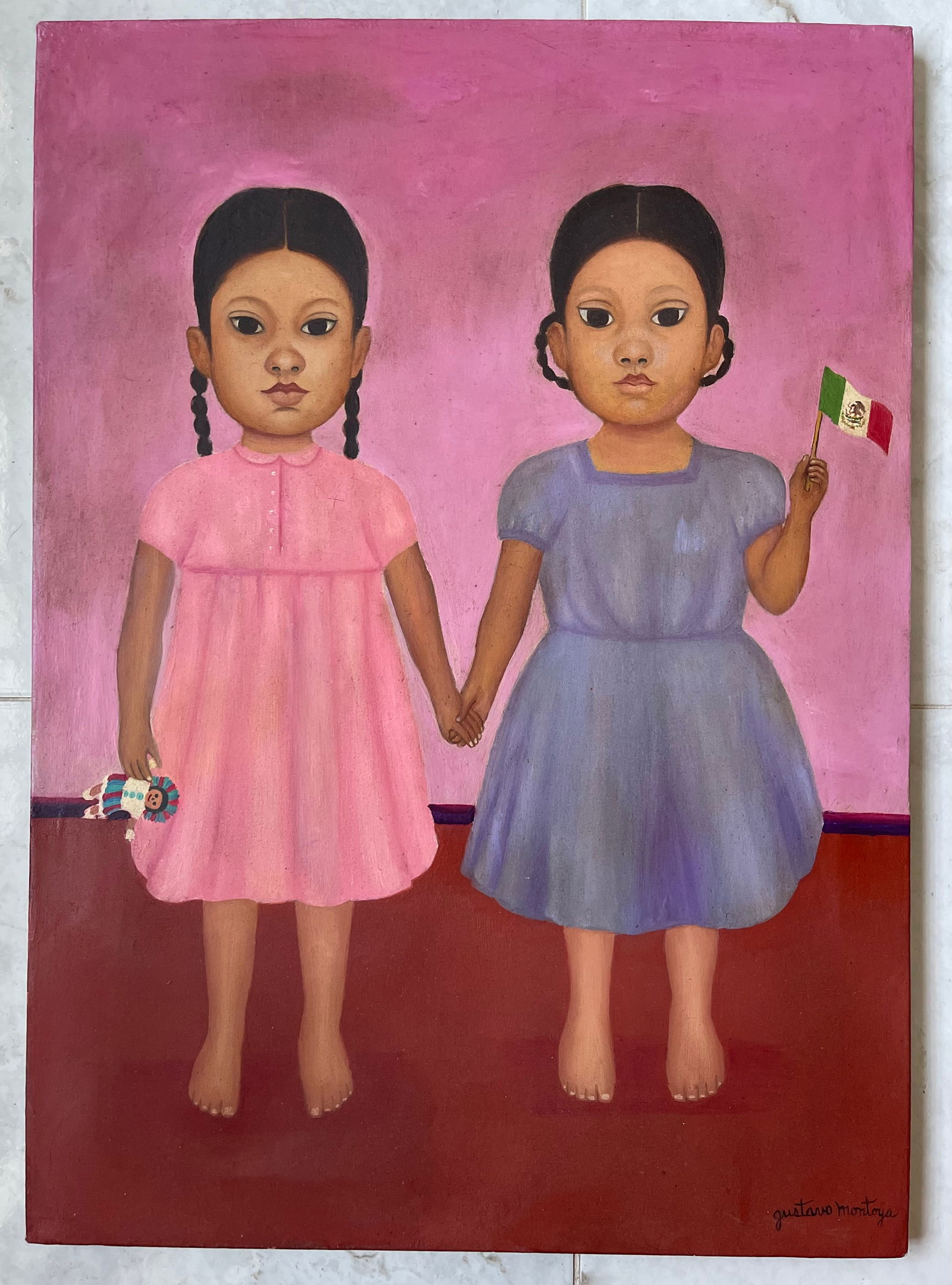 Gustavo Montoya (1905-2003) ORIGINAL, Oil on canvas "Ninas Mexicanas en Rosa" (1 of 7)