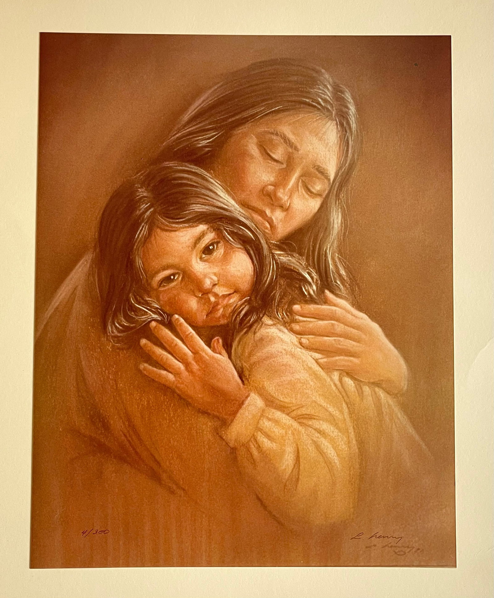 L Henry. Hand signed/numbered Lithograph, stunning print of a Native American woman: NO RESERVE Item Details Artist: L Henry Title: Native American Woman with Child Year: unknown Dimensions: Medium: Print Condition: good Shipping: This item will ship for $45 within the Cont. USA Detai