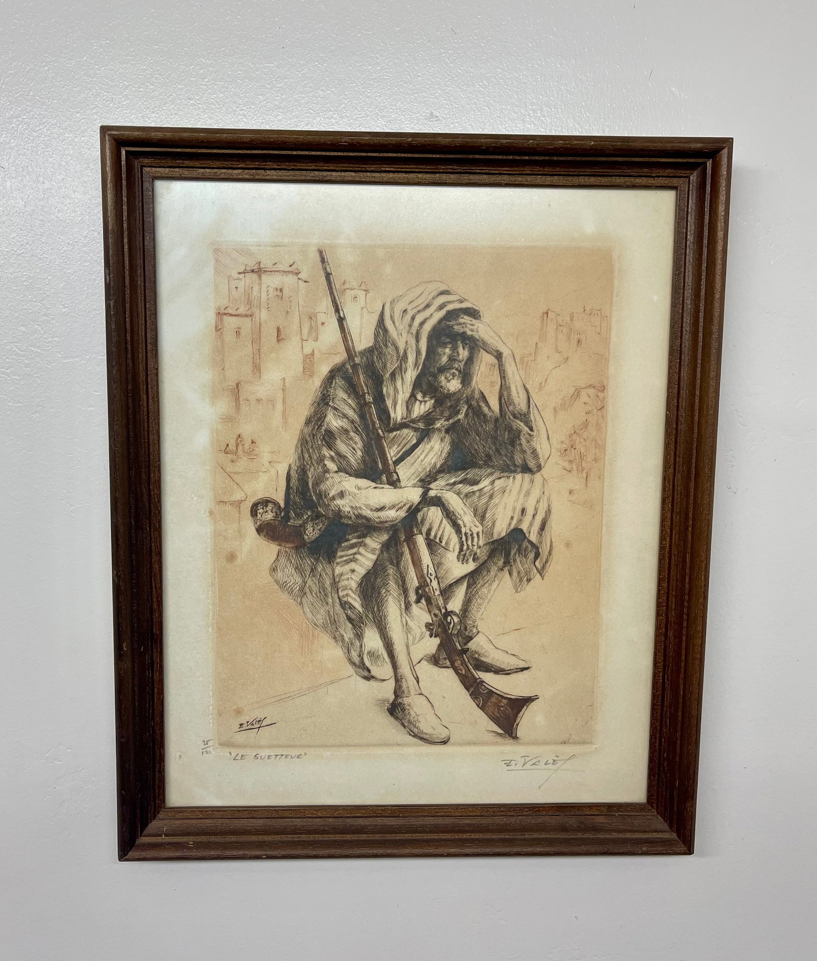 Edmond Vales, signed/numbered Etching "Le Guetteur" 35/120: NO RESERVE Item Details Artist: Edmond Vales Title: Le Gutter Year: unknown Dimensions: 14 x 12 inches Edition: #35 of 120 Framed: yes Medium: Etching Condition: Good Details: Hand signed by the Artis