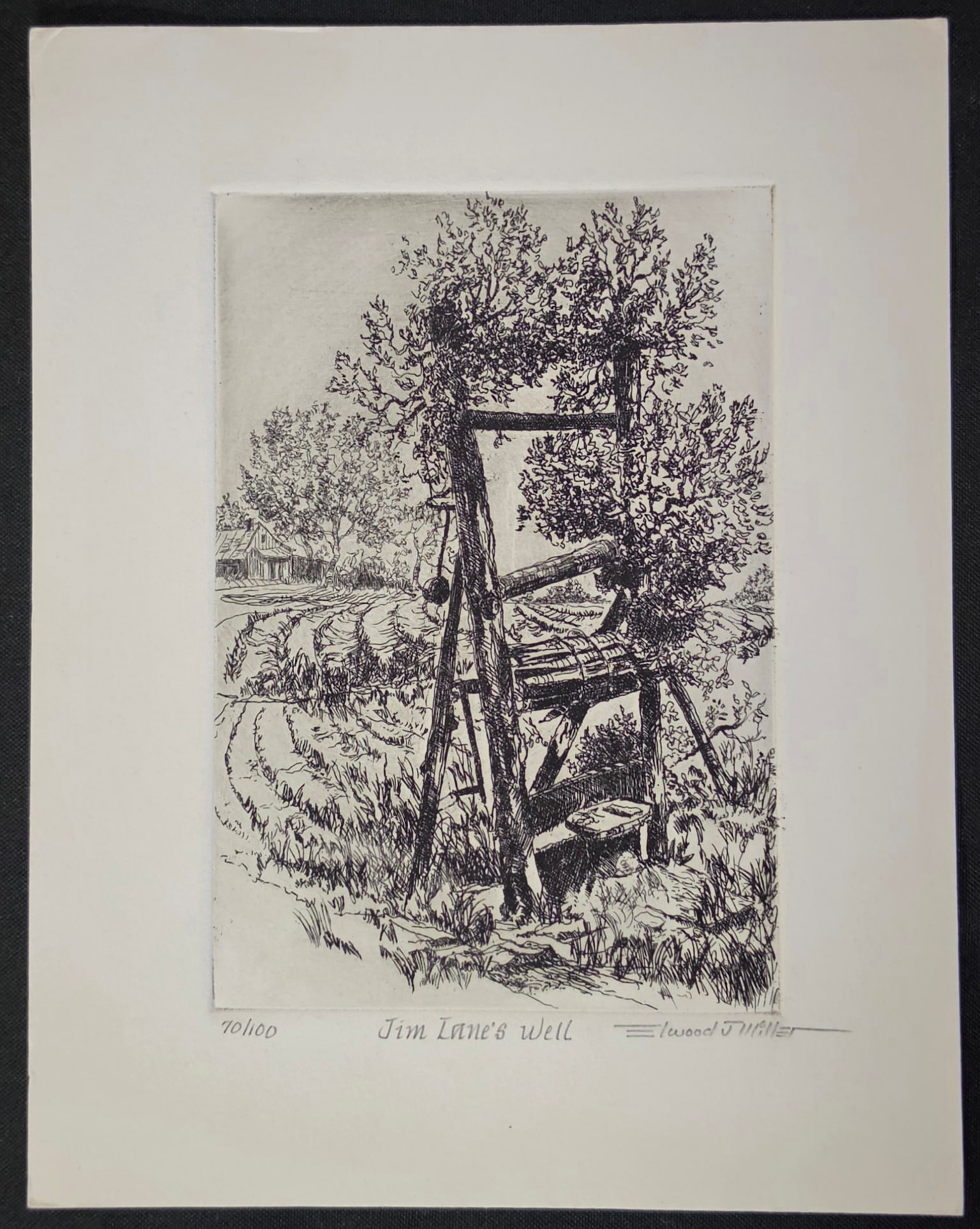 ELWOOD MILLER Etching "Jim Lane's Well": NO RESERVE Item Details Artist: Elwood Miller Title: Jim Lane's Well Year: 1970's Dimensions: 9-3/4 x 7-3/4 in. Edition: 100 Framed: no Medium: Etching Condition: Very good Shipping: This item will