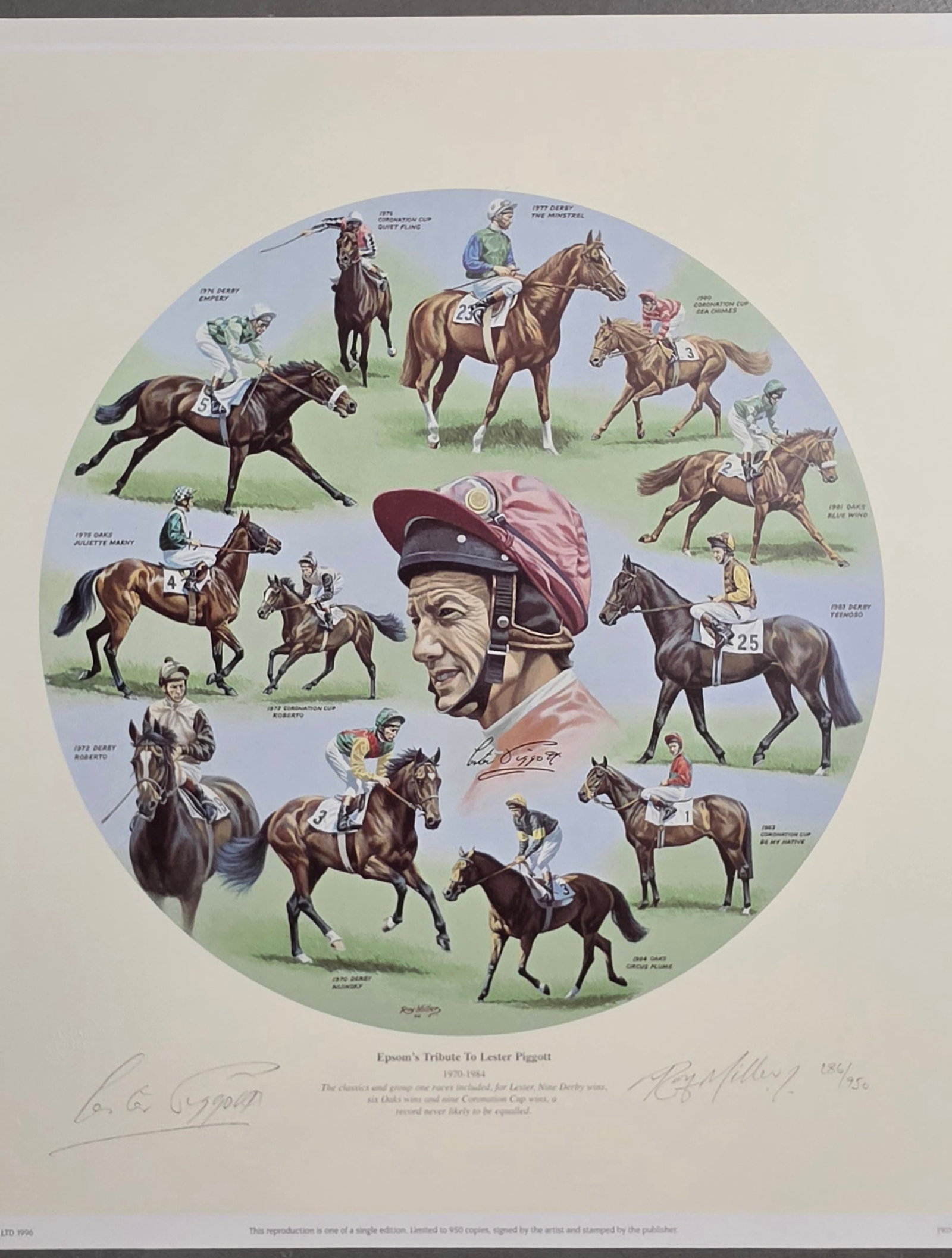 ROY MILLER Limited Edition Photo Lithograph "Epsoms Tribute to Lester Piggott": NO RESERVE Item Details Artist: Roy Miller Title: Epsoms Tribute to Lester Piggott Year: 1996 Dimensions: 17-1/2 x 16-3/4 in. Edition: 950 Framed: no Medium: Photo Lithograph 