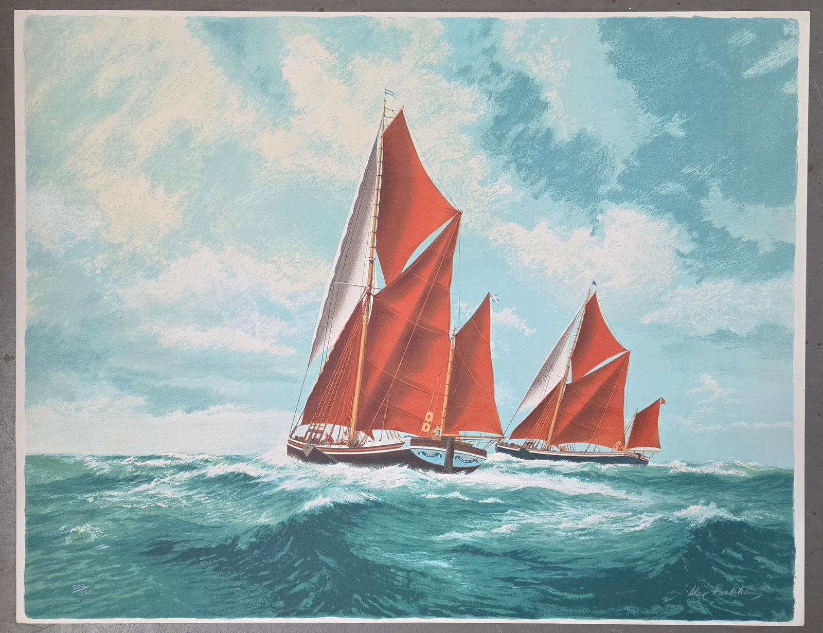 ALEX PACKHAM Lithograph "Red Sails": NO RESERVE Item Details Artist: Alex Packham Title: Red Sails Year: 1990's Dimensions: 21 x 27 in. Edition: 260 Framed: no Medium: Lithograph Condition: Very good Shipping: This